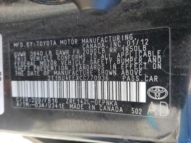 Photo 10 from auction – 2012 TOYOTA COROLLA BA with VIN 2T1BU4EEXCC770936