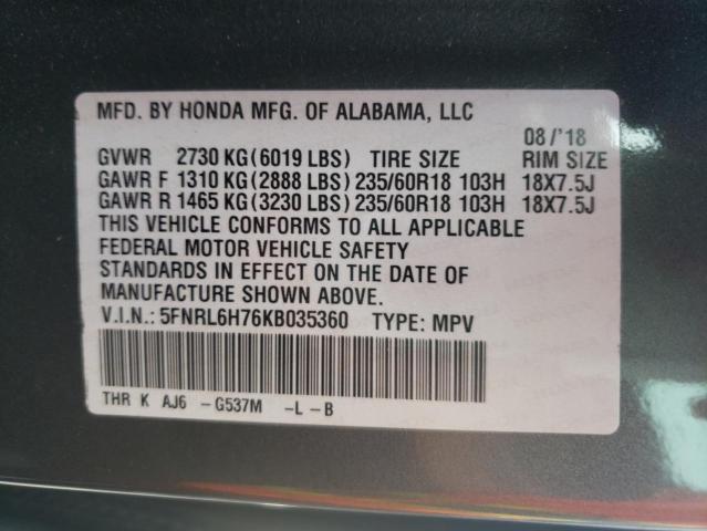 Photo 10 from auction – 2019 HONDA ODYSSEY with VIN 5FNRL6H76KB035360