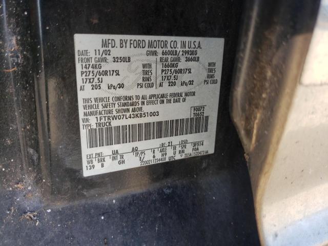 Photo 10 from auction – 2003 FORD F150 SUPER with VIN 1FTRW07L43KB51003