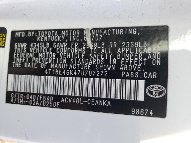 Photo 10 from auction – 2007 TOYOTA CAMRY CE with VIN 4T1BE46K47U707272