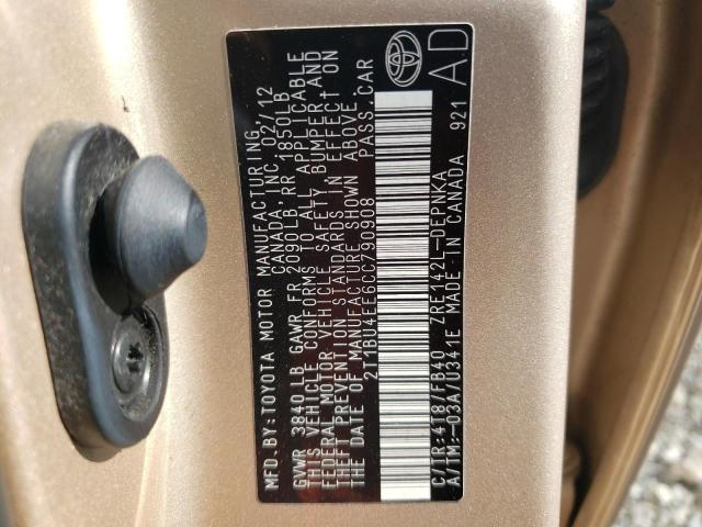 Photo 10 from auction – 2012 TOYOTA COROLLA BA with VIN 2T1BU4EE6CC790908