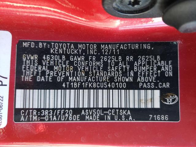 Foto 10 de la subasta – 2012 TOYOTA CAMRY BASE con VIN 4T1BF1FK8CU540100