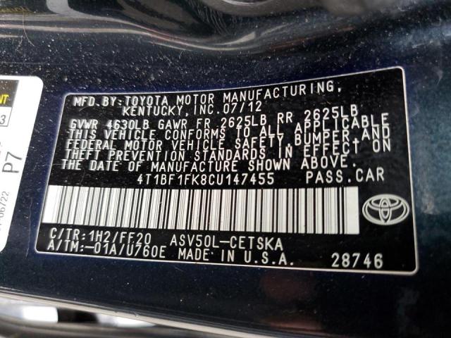 Photo 10 from auction – 2012 TOYOTA CAMRY BASE with VIN 4T1BF1FK8CU147455