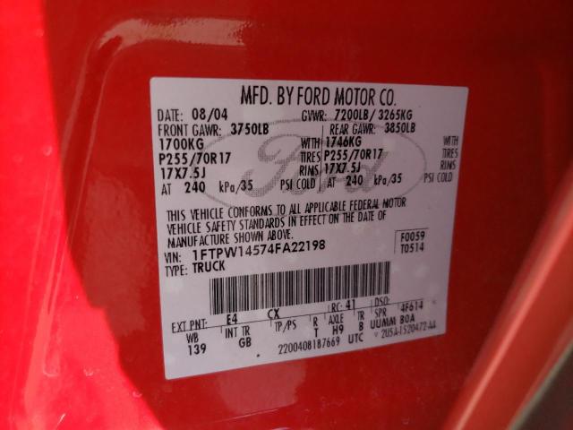 Photo 10 from auction – 2004 FORD F150 SUPER with VIN 1FTPW14574FA22198