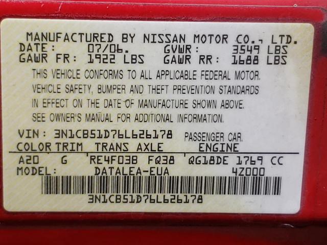 Photo 10 from auction – 2006 NISSAN SENTRA 1.8 with VIN 3N1CB51D76L626178