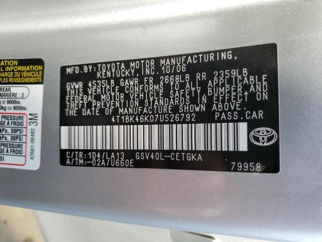 Photo 10 from auction – 2007 TOYOTA CAMRY LE with VIN 4T1BK46K07U526792