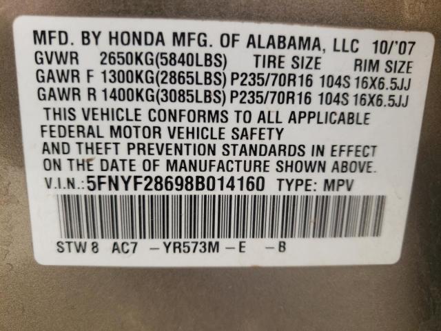Photo 10 from auction – 2008 HONDA PILOT EXL with VIN 5FNYF28698B014160