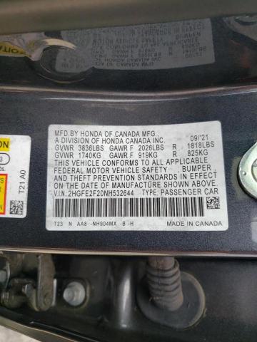 Photo 10 from auction – 2022 HONDA CIVIC LX with VIN 2HGFE2F20NH532644