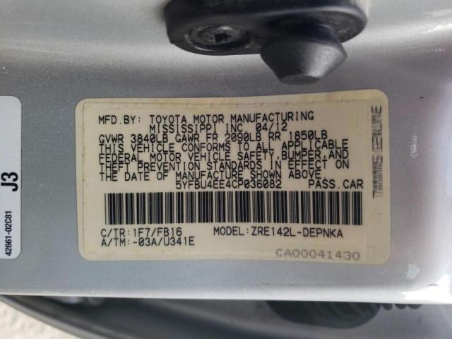 Photo 10 from auction – 2012 TOYOTA COROLLA BA with VIN 5YFBU4EE4CP036082