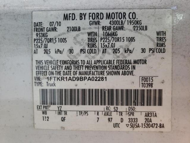 Photo 10 from auction – 2011 FORD RANGER with VIN 1FTKR1AD9BPA02281