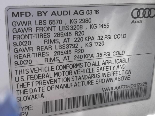 Photo 10 from auction – 2017 AUDI Q7 PREMIUM with VIN WA1LAAF71HD012225