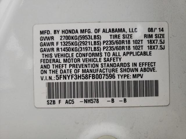 Photo 10 from auction – 2015 HONDA PILOT EXL with VIN 5FNYF3H58FB007596