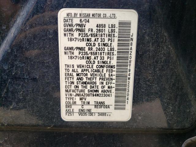 Photo 10 from auction – 2004 NISSAN MURANO SL with VIN JN8AZ08T94W223041