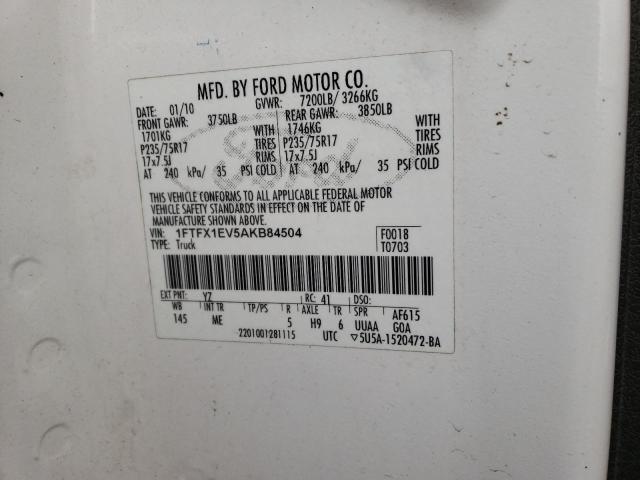 Photo 10 from auction – 2010 FORD F150 SUPER with VIN 1FTFX1EV5AKB84504