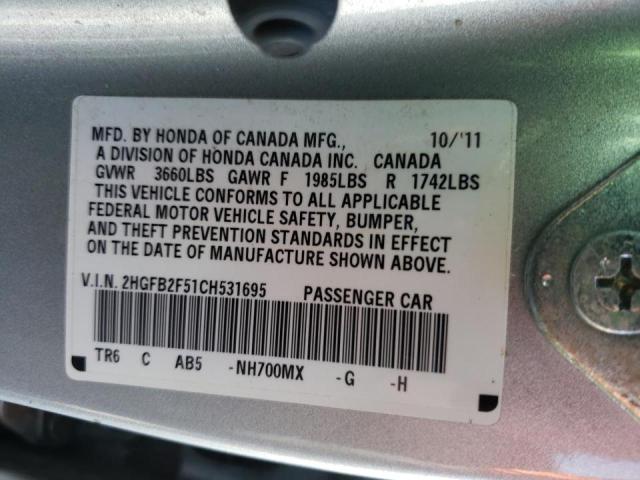 Photo 10 from auction – 2012 HONDA CIVIC LX with VIN 2HGFB2F51CH531695