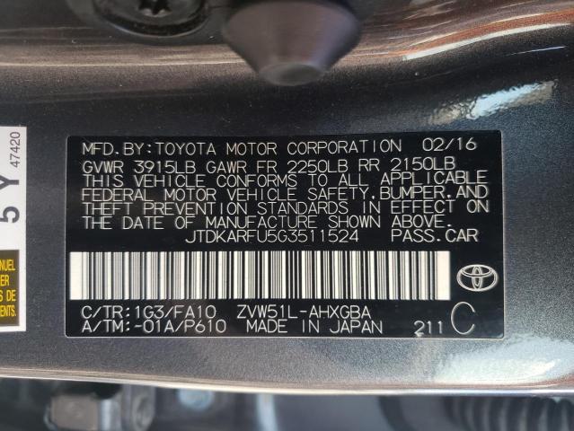 Photo 10 from auction – 2016 TOYOTA PRIUS with VIN JTDKARFU5G3511524