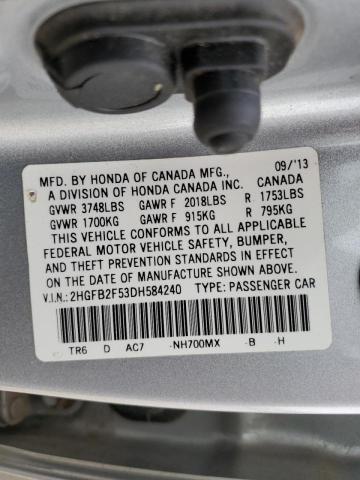 Photo 10 from auction – 2013 HONDA CIVIC LX with VIN 2HGFB2F53DH584240