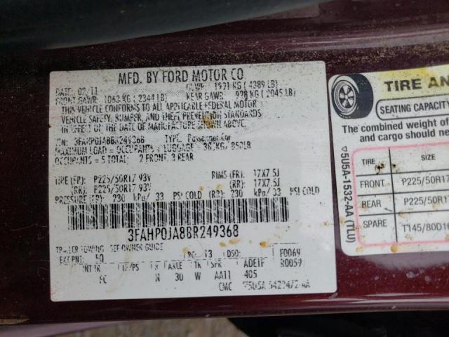 Photo 10 from auction – 2011 FORD FUSION SEL with VIN 3FAHP0JA8BR249368