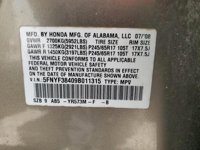 Photo 10 from auction – 2009 HONDA PILOT EX with VIN 5FNYF38409B011315