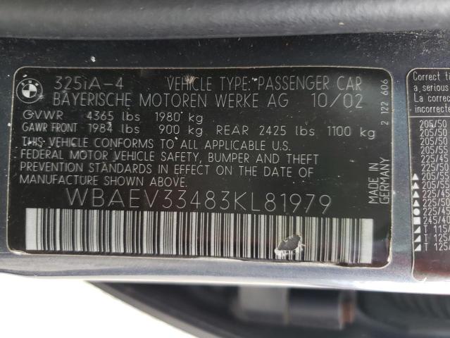 Photo 10 from auction – 2003 BMW 325 I with VIN WBAEV33483KL81979