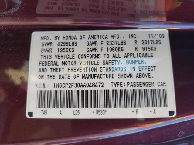 Photo 10 from auction – 2010 HONDA ACCORD LX with VIN 1HGCP2F30AA048472