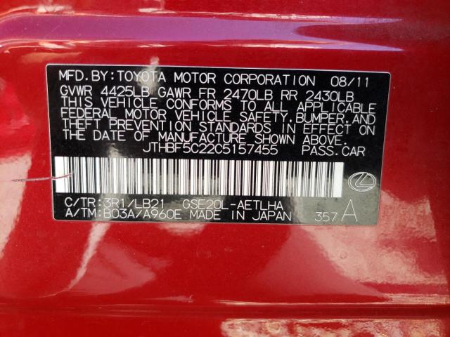 Photo 10 from auction – 2012 LEXUS IS 250 with VIN JTHBF5C22C5157455