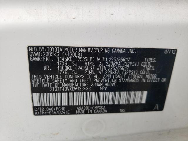 Foto 10 de la subasta – 2012 TOYOTA RAV4 con VIN 2T3ZF4DVXCW133433