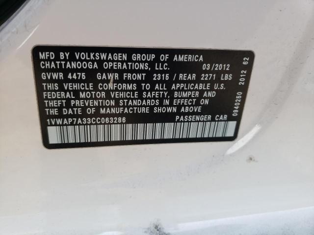 Photo 10 from auction – 2012 VOLKSWAGEN PASSAT S with VIN 1VWAP7A33CC063286