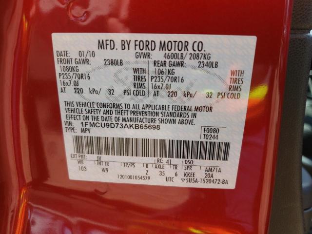 Photo 10 from auction – 2010 FORD ESCAPE XLT with VIN 1FMCU9D73AKB65698