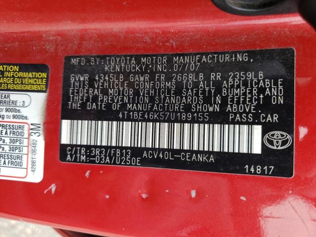 Photo 10 from auction – 2007 TOYOTA CAMRY CE with VIN 4T1BE46K57U189155