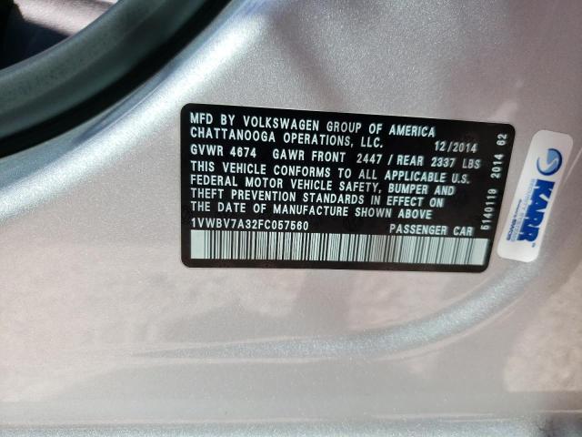 Photo 10 from auction – 2015 VOLKSWAGEN PASSAT SE with VIN 1VWBV7A32FC057560
