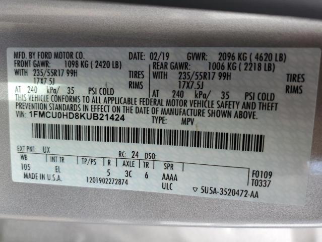 Photo 10 from auction – 2019 FORD ESCAPE SEL with VIN 1FMCU0HD8KUB21424