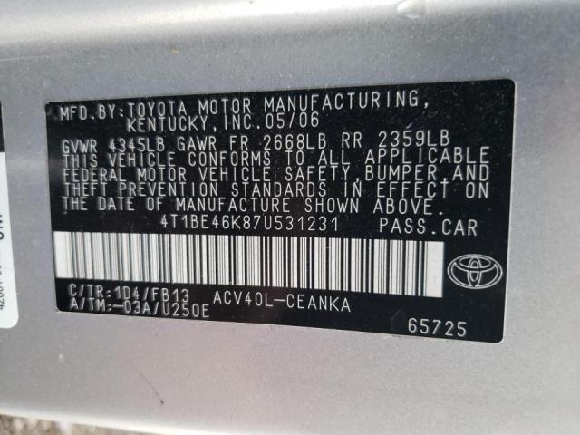 Photo 10 from auction – 2007 TOYOTA CAMRY CE with VIN 4T1BE46K87U531231