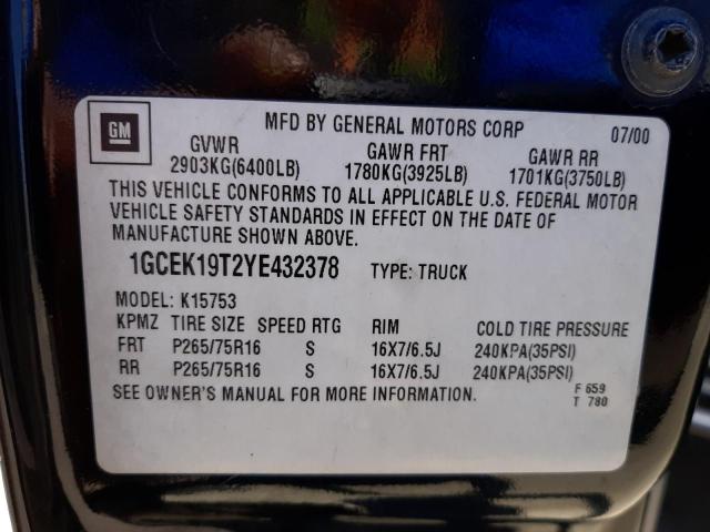 Photo 10 from auction – 2000 CHEVROLET SILVERADO with VIN 1GCEK19T2YE432378