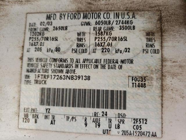 Photo 10 from auction – 2003 FORD F150 with VIN 1FTRF17263NB39138