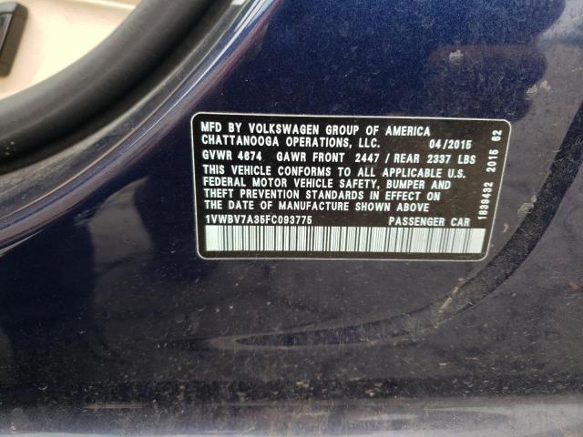 Photo 10 from auction – 2015 VOLKSWAGEN PASSAT SE with VIN 1VWBV7A35FC093775