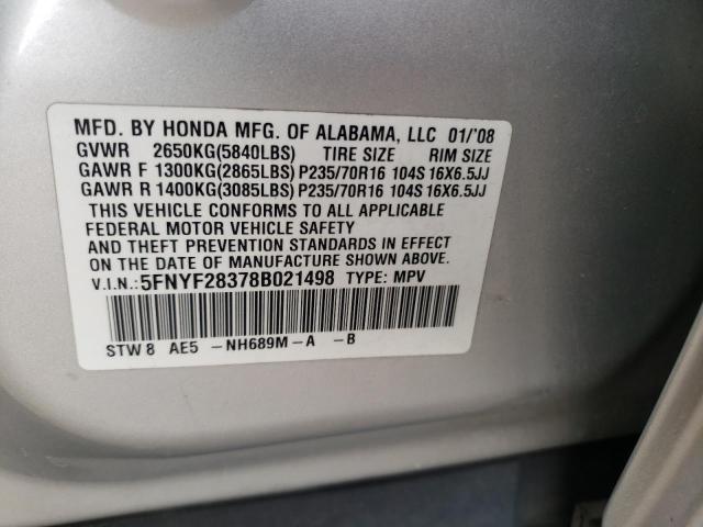 Photo 10 from auction – 2008 HONDA PILOT SE with VIN 5FNYF28378B021498