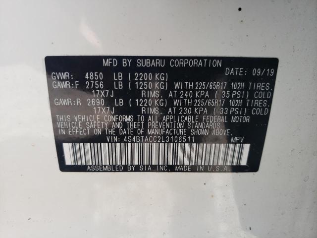 Photo 10 from auction – 2020 SUBARU OUTBACK PR with VIN 4S4BTACC2L3106511