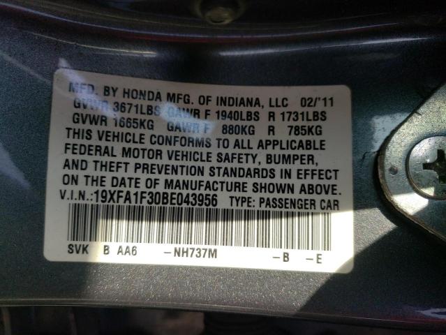 Photo 10 from auction – 2011 HONDA CIVIC VP with VIN 19XFA1F30BE043956
