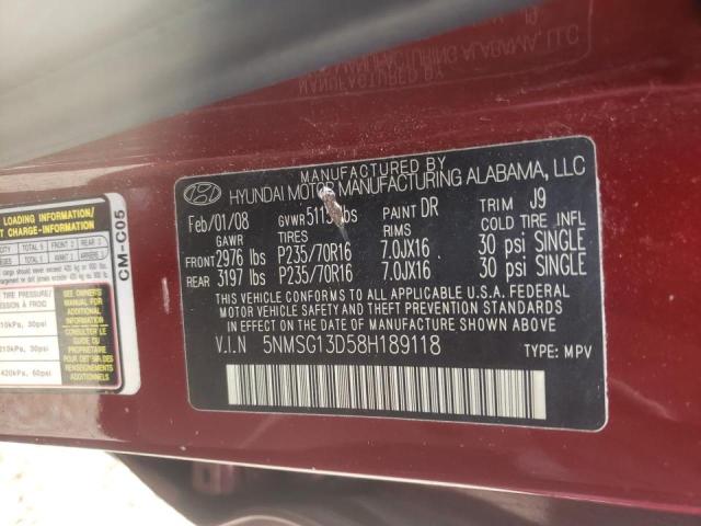Photo 10 from auction – 2008 HYUNDAI SANTA FE G with VIN 5NMSG13D58H189118
