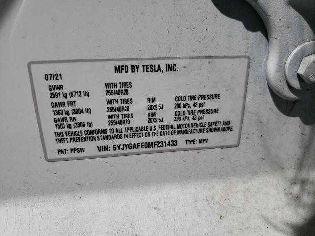 Photo 10 from auction – 2021 TESLA MODEL Y with VIN 5YJYGAEE0MF231433