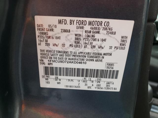 Photo 10 from auction – 2010 FORD ESCAPE XLT with VIN 1FMCU9D72AKD04610