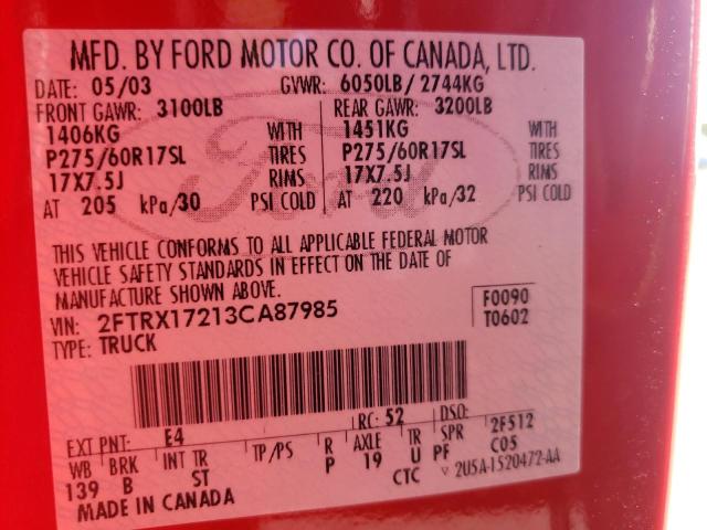 Photo 10 from auction – 2003 FORD F150 with VIN 2FTRX17213CA87985