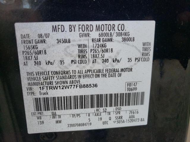Photo 10 from auction – 2007 FORD F150 SUPER with VIN 1FTRW12W77FB88536