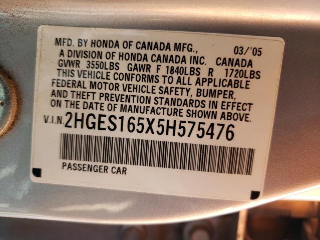 Photo 10 from auction – 2005 HONDA CIVIC with VIN 2HGES165X5H575476