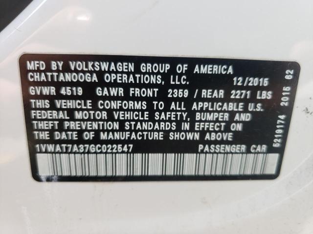 Photo 10 from auction – 2016 VOLKSWAGEN PASSAT S with VIN 1VWAT7A37GC022547