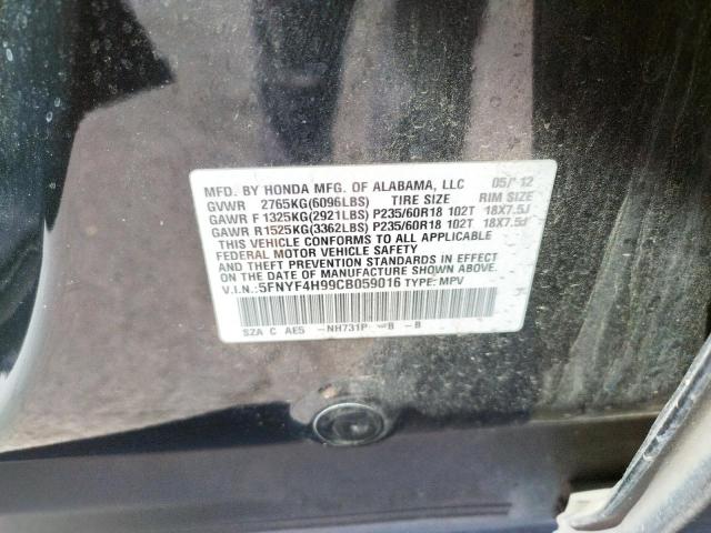 Photo 10 from auction – 2012 HONDA PILOT TOUR with VIN 5FNYF4H99CB059016