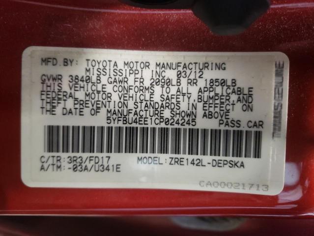 Photo 10 from auction – 2012 TOYOTA COROLLA BA with VIN 5YFBU4EE1CP024245