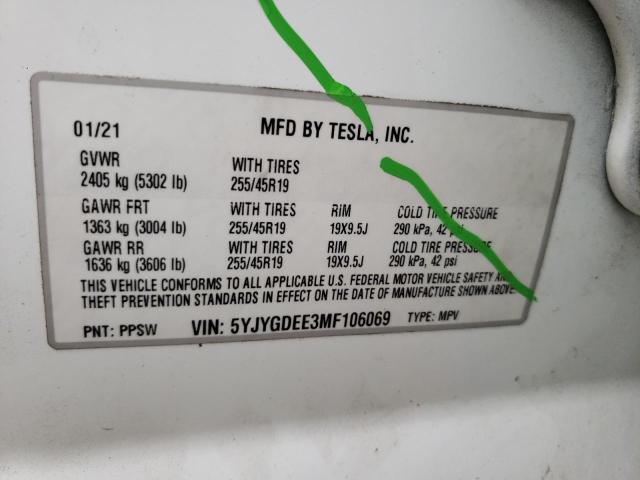 Photo 10 from auction – 2021 TESLA MODEL Y with VIN 5YJYGDEE3MF106069