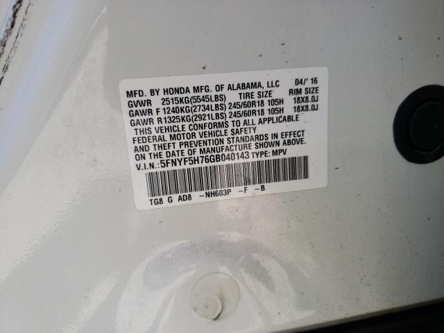 Photo 10 from auction – 2016 HONDA PILOT EXLN with VIN 5FNYF5H76GB040143